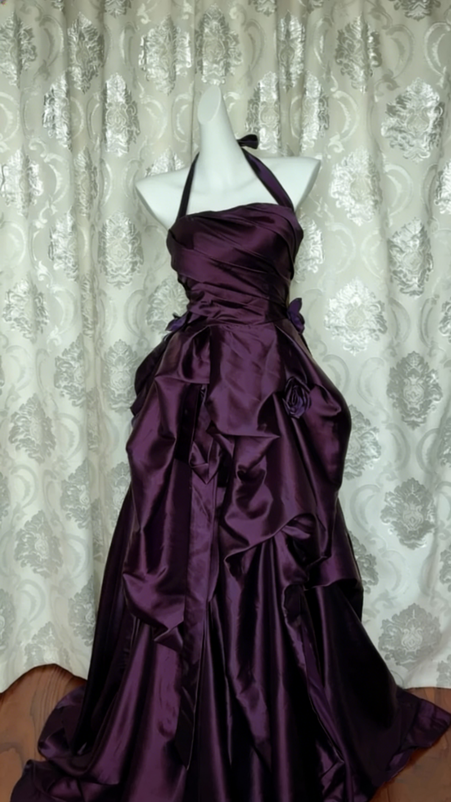 Retro Halter Navy Blue Satin Pleated Ball Gown Long Party Dress D1042
