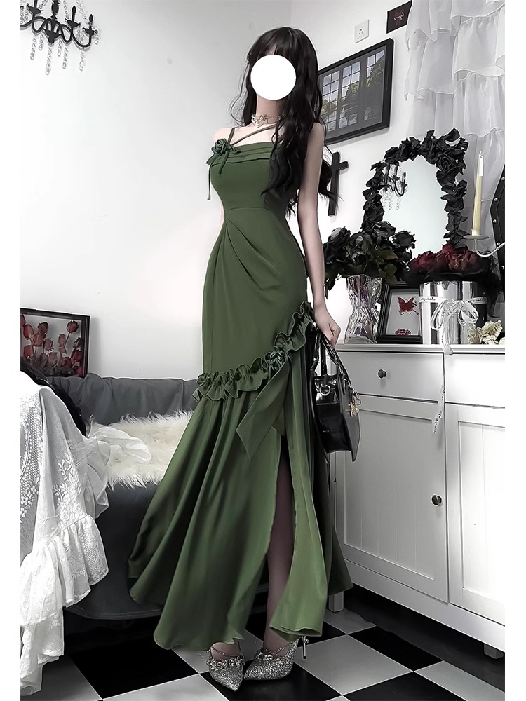 Chic Mermaid Straps Green Long Ruffles Prom Dresses Birthday Dress SD577