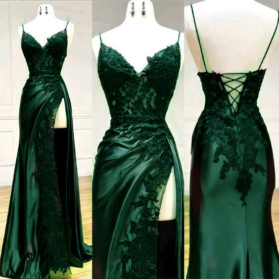 Sexy Mermaid Spaghetti Straps Dark Green Lace Backless Prom Dress Party Dress SD1560