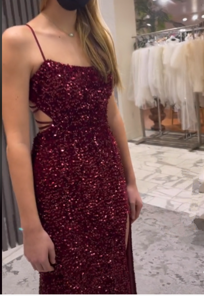 Sexy Mermaid Spaghetti Straps Burgundy Sequin Prom Dresses Party Dress SD1316