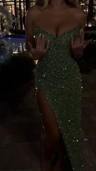 Glamorous Green Sequin Slit Sheath Long Prom Dress Strapless Long Party Dress D5125