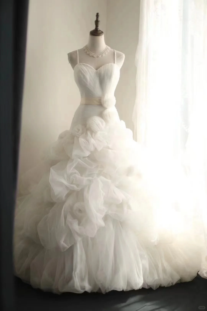 Romantic White Tulle Pleated A Line Princess Wedding Dress S538