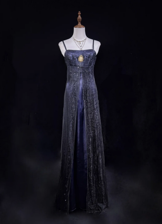 Gorgeous Spaghetti Straps Navy Blue Satin Beaded Long Party Dress Evening Dresses D1845