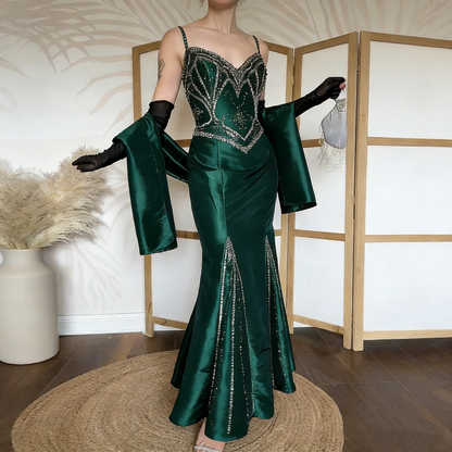 Vintage Spaghetti Straps Satin Beaded Burgundy Mermaid Evening Dress Prom Gown D1324