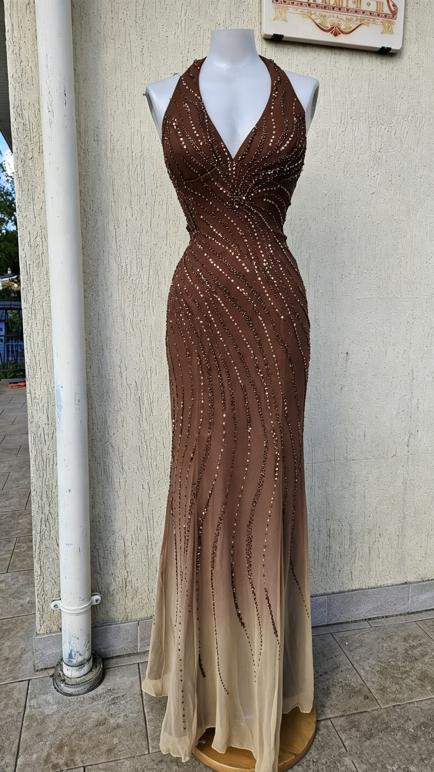 Vintage Ombre Brown Chiffon Beaded Mermaid Long Party Dress,Halter V Neck Long Evening Dress D4316