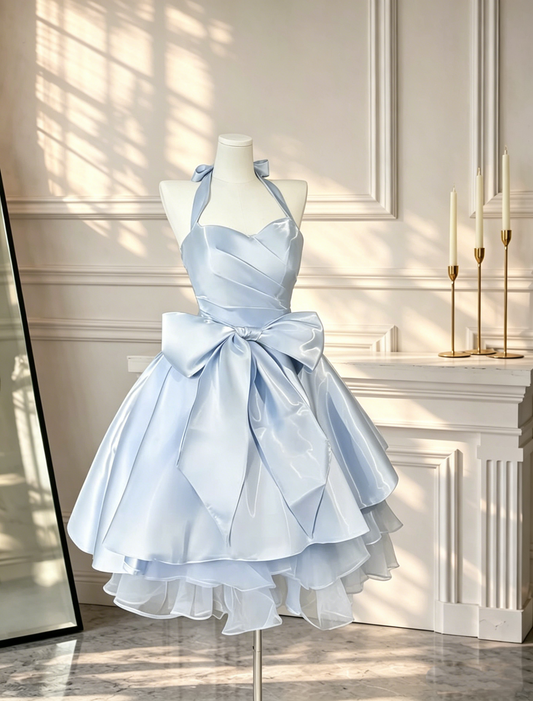 Modern Halter Satin Pleated A Line Cocktail Dress Blue Short Graduation Homecoming Dress D2576