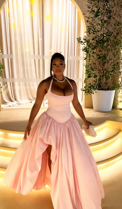 Classy Halter Pink Satin Pleated Long Evening Dress Formal Wedding Guest Dress D1606