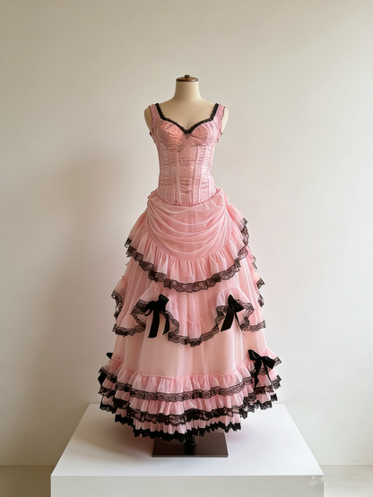 Vintage Pink Strapless Chiffon Pleated Layered Lace Ball Gown Formal Prom Dress With Gloves D1139