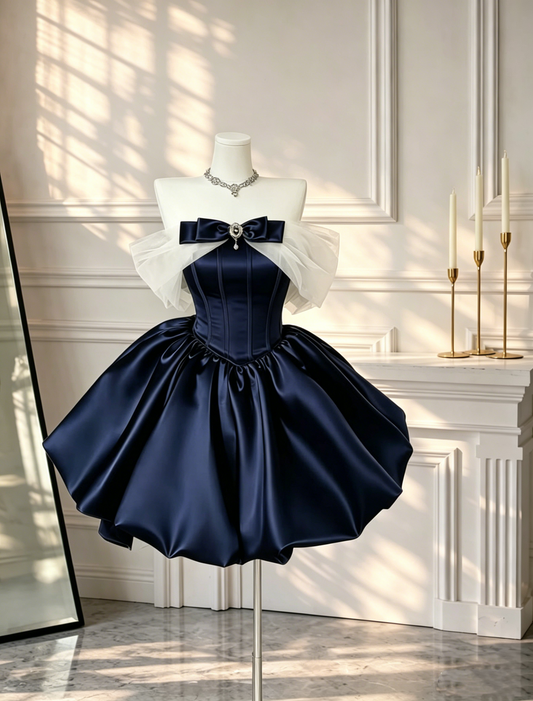 Classy Navy Blue Satin Tulle A Line Mini 8th Grade Homecoming Dress Off The Shoulder Short Cocktail Dress D2673