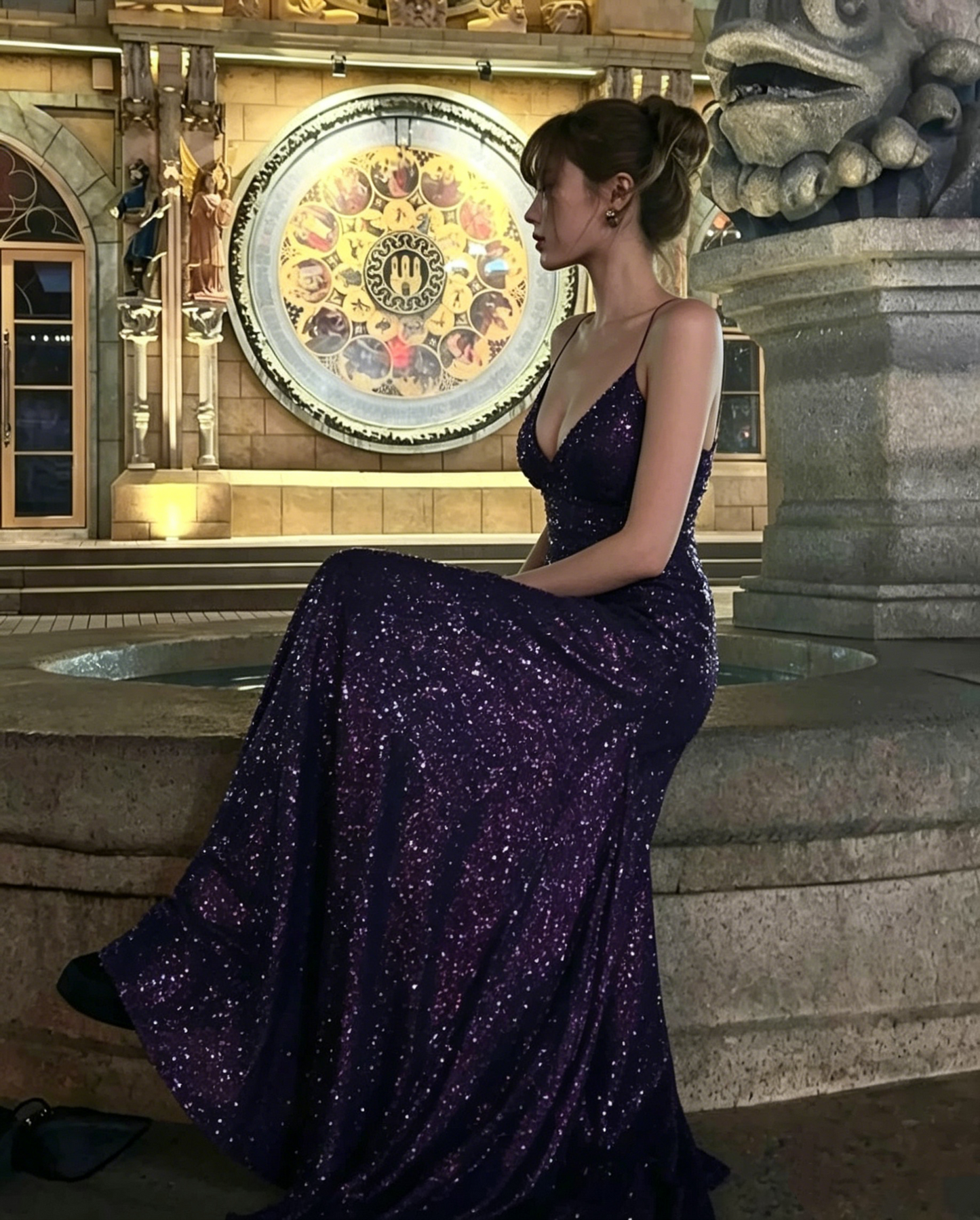 Charming Spaghetti Straps Purple V Neck Sequin Slit Mermaid Evening Dress Long Wedding Guest Dress D1886