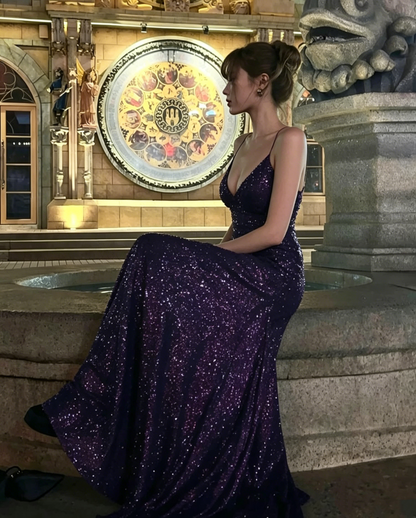 Charming Spaghetti Straps Purple V Neck Sequin Slit Mermaid Evening Dress Long Wedding Guest Dress D1886