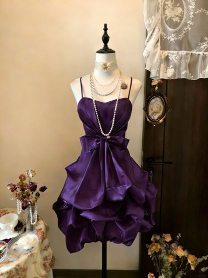 Vintage Yellow Spaghetti Straps Satin Pleated Short Prom Dress Formal Graduation Homecoming Dress D496