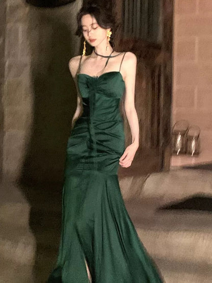 Simple Sheath Spaghetti Straps Floor Length Green Satin Prom Dresses Birthday Dress SD452