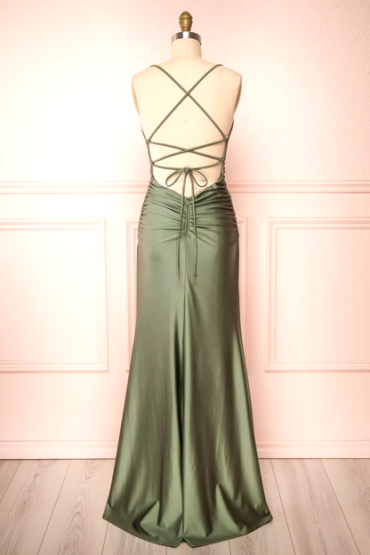 Modest Sheath Olive Green Backless Long Prom Dresses Formal Graduation Party Dress Evening Dress SD1552