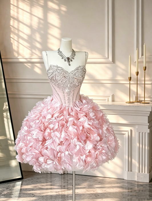 Gorgeous Spaghetti Straps Satin Floral Beaded A Line Short 17th Birthday Outfits Pink Mini Homecoming Dress D2575