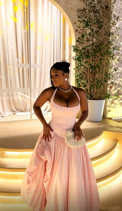 Classy Halter Pink Satin Pleated Long Evening Dress Formal Wedding Guest Dress D1606
