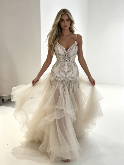 Gorgeous Spaghetti Straps Tulle Beaded Mermaid Long Party Dress Evening Dress D3904