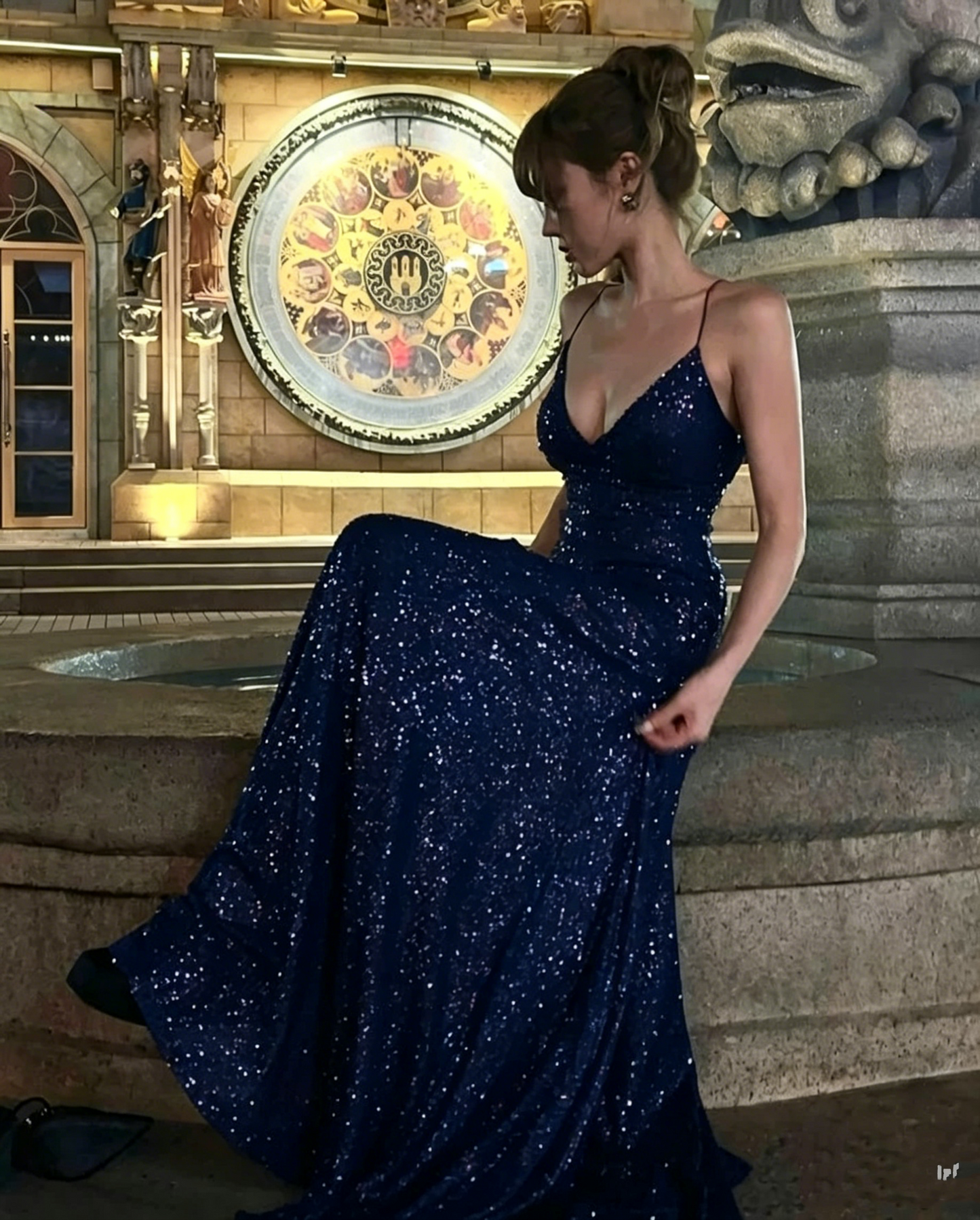 Charming Spaghetti Straps Purple V Neck Sequin Slit Mermaid Evening Dress Long Wedding Guest Dress D1886