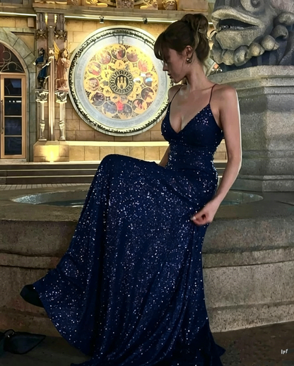 Charming Spaghetti Straps Purple V Neck Sequin Slit Mermaid Evening Dress Long Wedding Guest Dress D1886