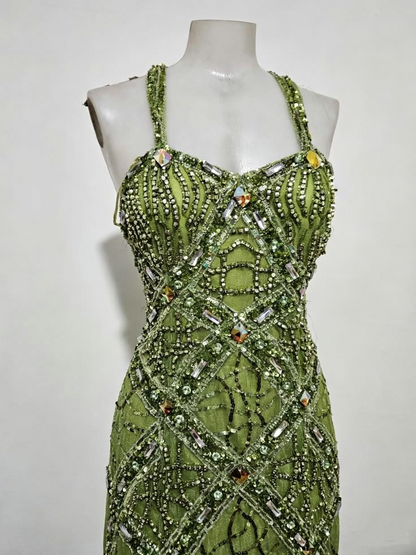 Gorgeous Green Spaghetti Straps Tulle Beaded Mermaid Long Party Dress Prom Dress D4314