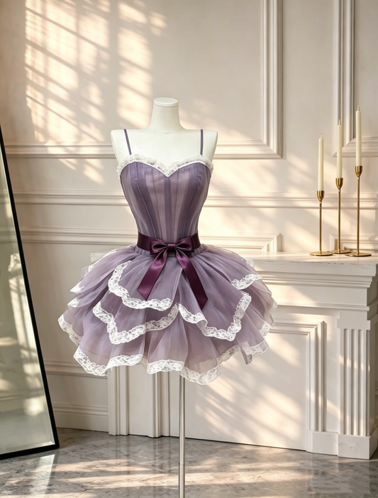 Classy Spaghetti Straps Tulle Lace Petal Layered A Line Short Birthday Outfits Purple Homecoming Dress D2672
