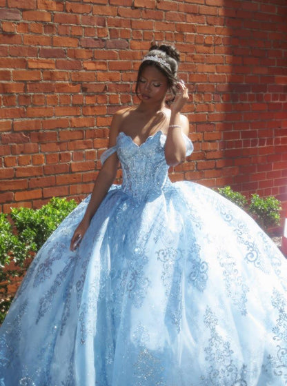 Shiny Off The Shoulder Sweet 16 Dress,Blue Tulle Sequin Birthday Quinceanera Dress D3819