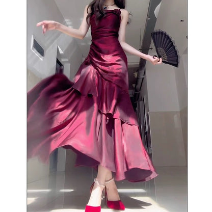 Wine Red Satin Long Straps Prom Dress Wine Red A-line Party Dress SD1360