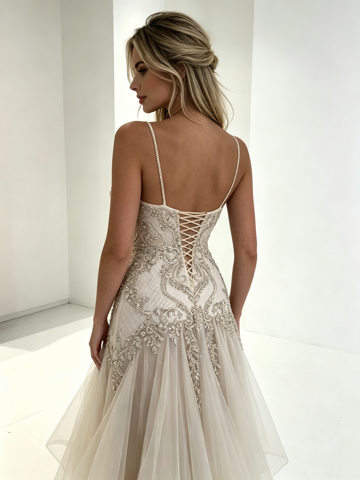 Gorgeous Spaghetti Straps Tulle Beaded Mermaid Long Party Dress Evening Dress D3904