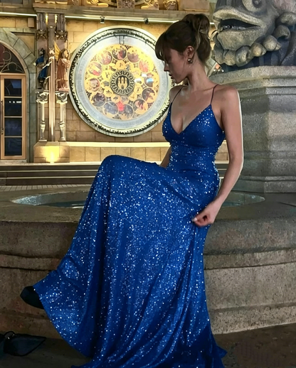 Charming Spaghetti Straps Purple V Neck Sequin Slit Mermaid Evening Dress Long Wedding Guest Dress D1886