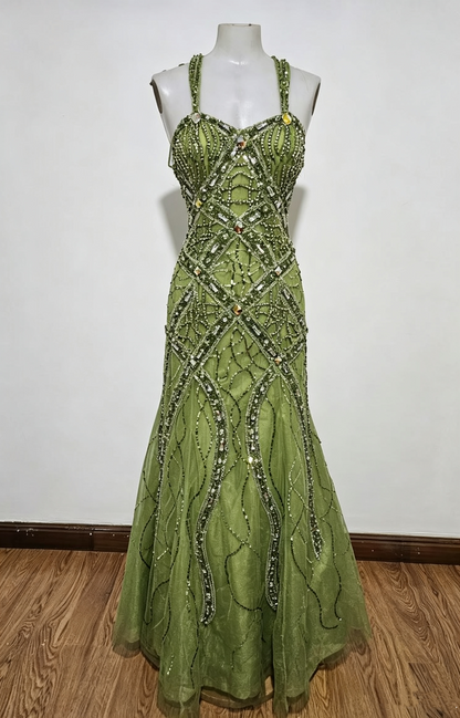 Gorgeous Green Spaghetti Straps Tulle Beaded Mermaid Long Party Dress Prom Dress D4314