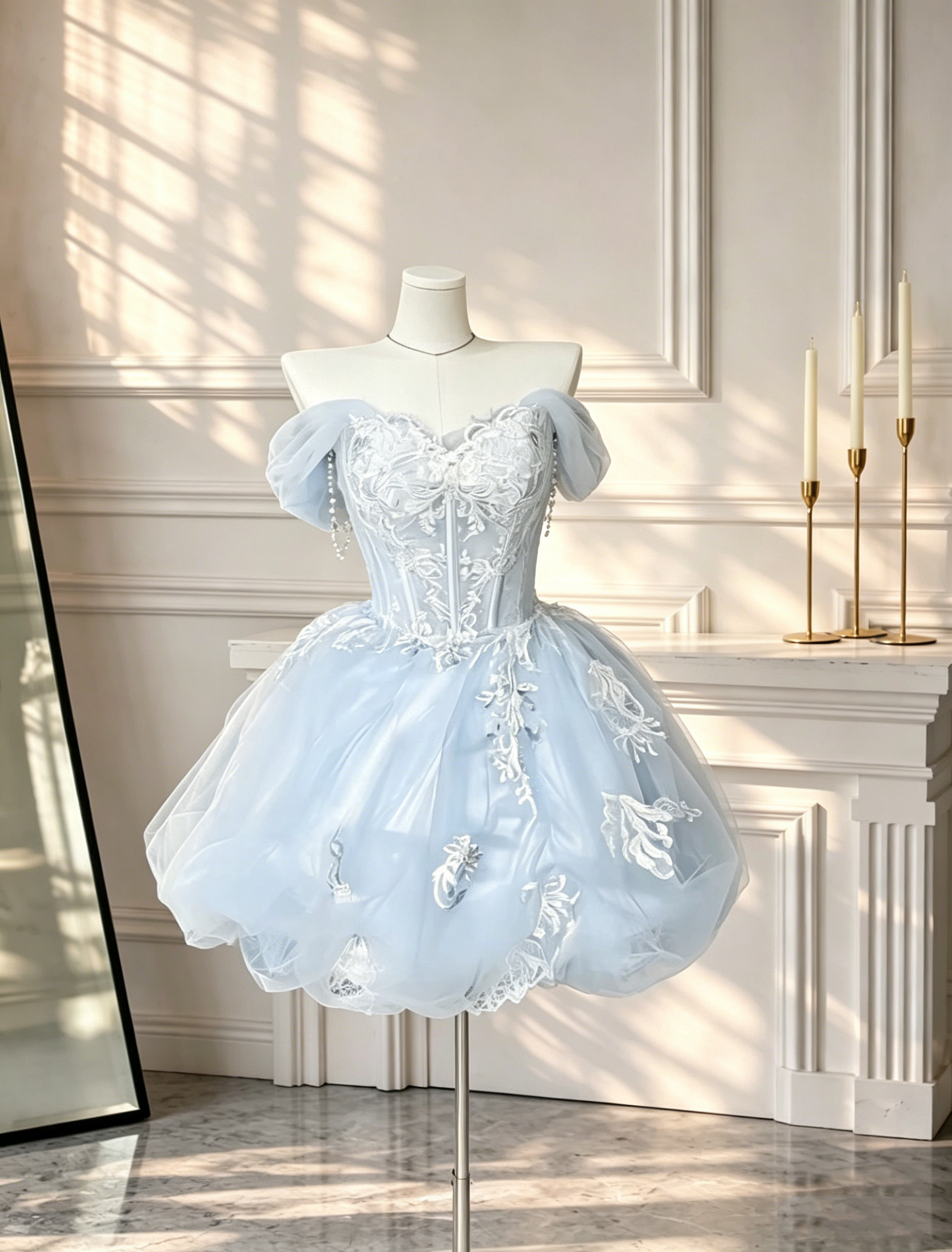 Charming Off The Shoulder Birthday Outfits Blue Tulle Appliques A Line Short Graduation Homecoming Dress D2574