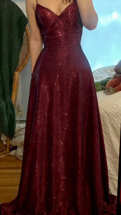 Sparkly Spaghetti Straps Green V NecK Sequin Evening Dress Long Wedding Guest Dress D1527