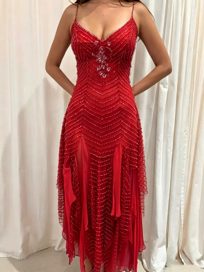 Gorgeous Spaghetti Straps V Neck Purple Chiffon Beaded Mermaid Long Party Dress Birthday Prom Gown D2872