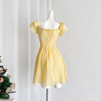 Cute A line Scoop Short Sleeves Yellow Floral Holiday Dresses Beach Dress Birthday Outfits SD288