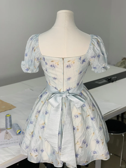 Cute Blue Chiffon Printed Floral A Line Short Prom Dress Formal Graduation Homecoming Dress D107