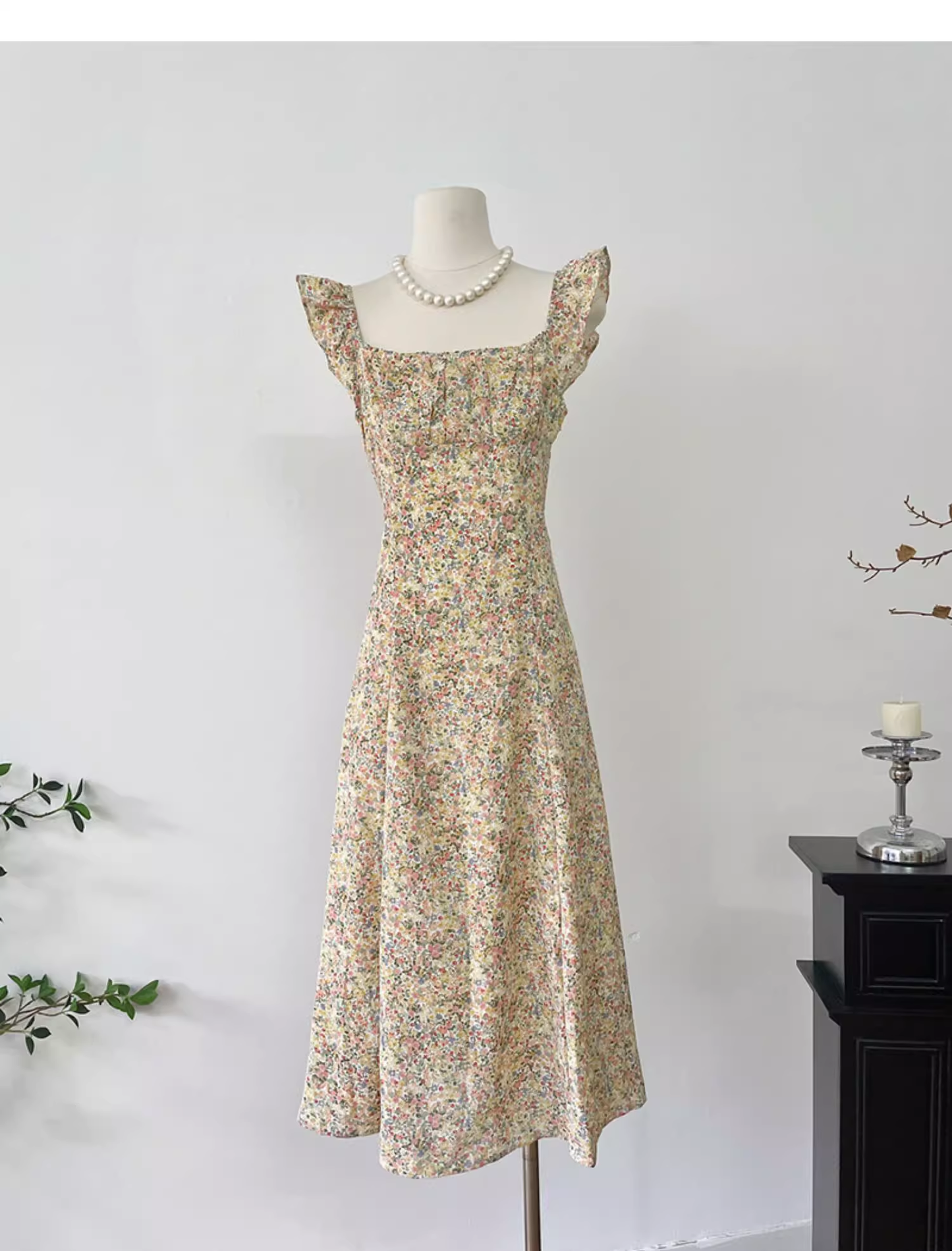 Light Yellow Floral Long Dress Vacation Dress  S223