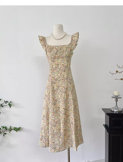 Light Yellow Floral Long Dress Vacation Dress  S223