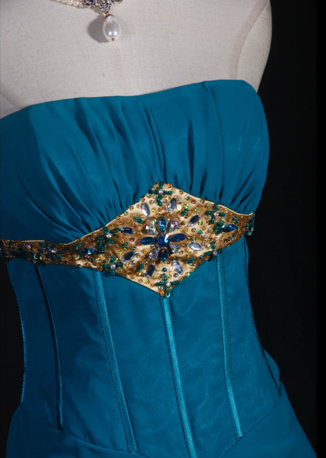 Elegant Blue-green Strapless Chiffon Layered Mermaid Long Evening Dress Formal Wedding Guest Dress With Beads D2258