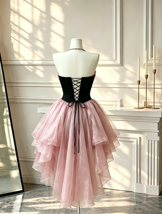 Beautiful Sweetheart Neck Tulle Hi-Low Mini Party Dress Pink 7th Grade Homecoming Dress D2684