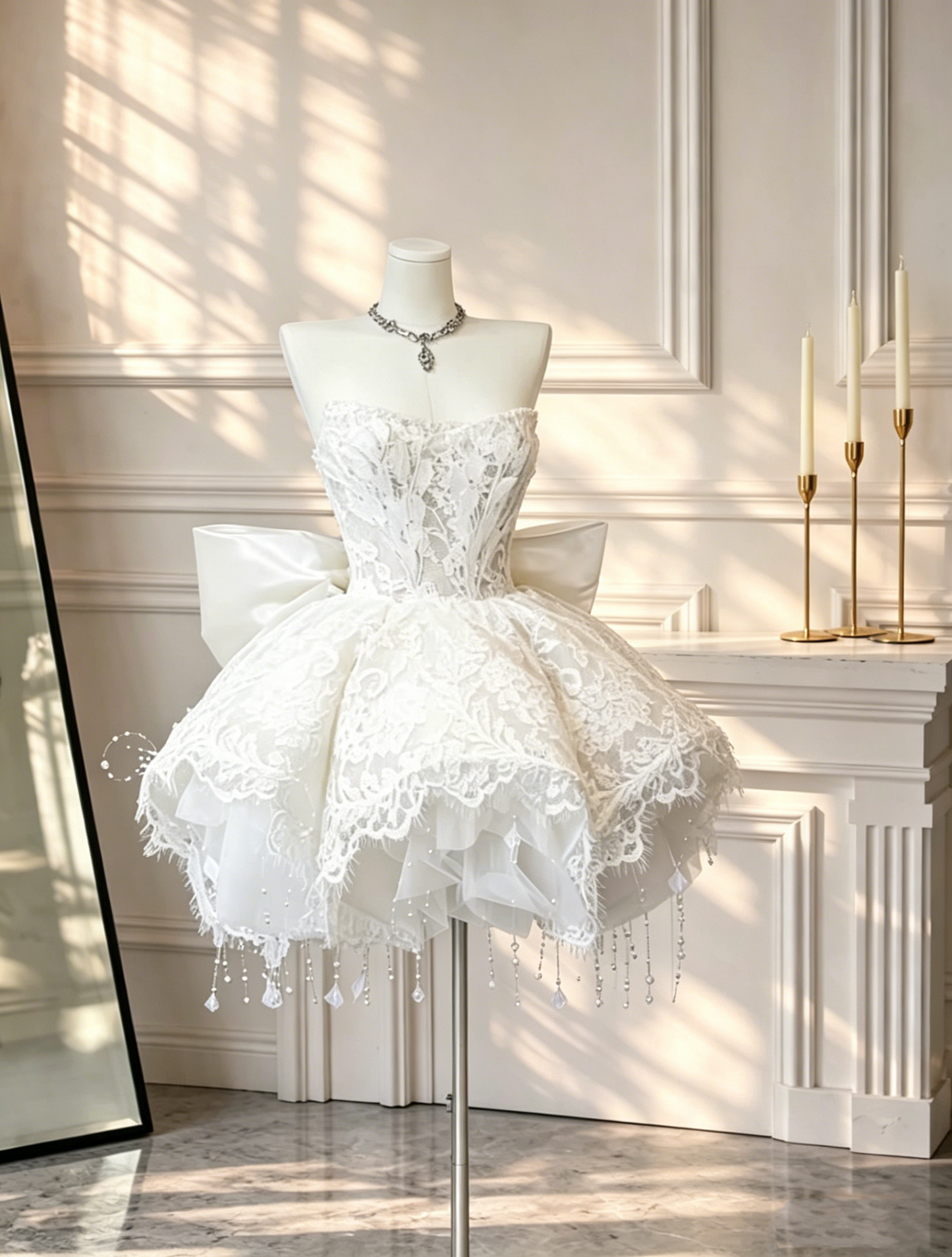 Pretty Strapless Tulle Lace Tassel A Line Short Birthday Outfits White Graduation Homecoming Dress With Bow D2677