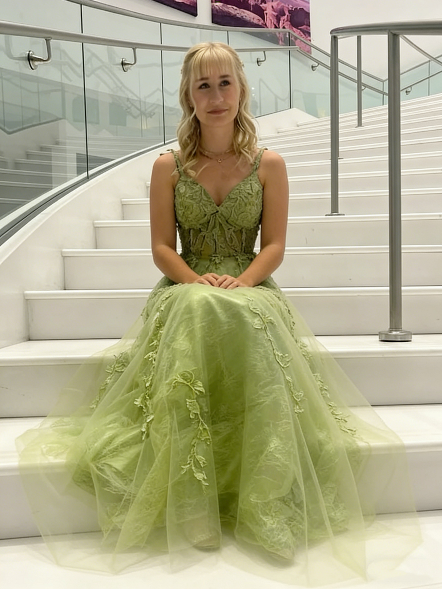 Classy Spaghetti Strap Green Tulle Appliques A Line Long Evening Dress Formal Birthday Evening Dress D1964