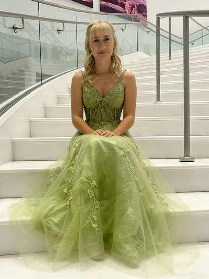 Classy Spaghetti Strap Green Tulle Appliques A Line Long Evening Dress Formal Birthday Evening Dress D1964