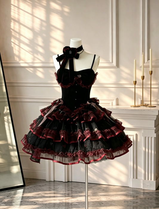 Vintage Spaghetti Straps Mini Birthday Outfits Black Tulle Layered Ruffle A Line Short Cocktail Dress D2573