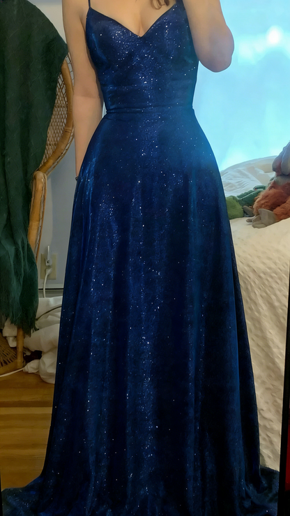 Sparkly Spaghetti Straps Green V NecK Sequin Evening Dress Long Wedding Guest Dress D1527