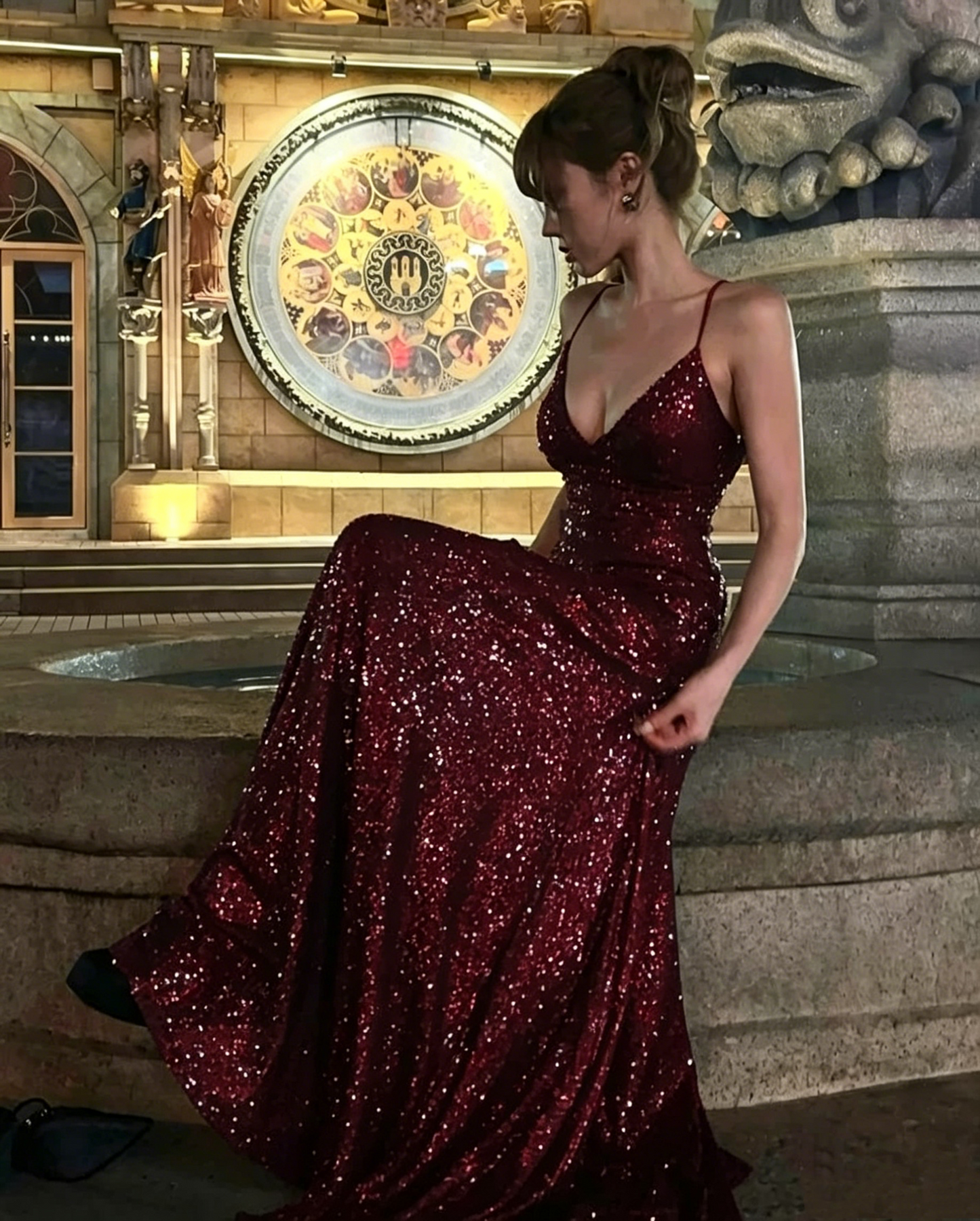 Charming Spaghetti Straps Purple V Neck Sequin Slit Mermaid Evening Dress Long Wedding Guest Dress D1886