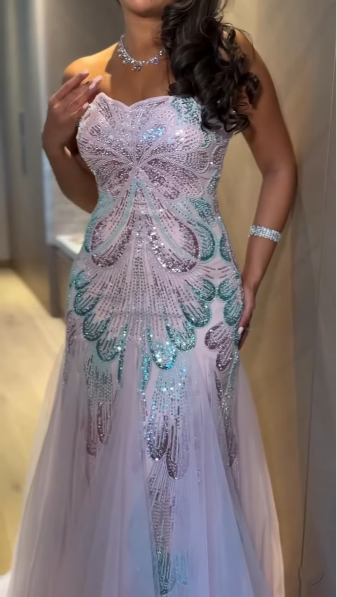 Glitter Lilac Strapless Tulle Sequin Mermaid Long Evening Dress Party Gown D4107