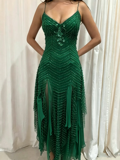 Gorgeous Spaghetti Straps V Neck Purple Chiffon Beaded Mermaid Long Party Dress Birthday Prom Gown D2872