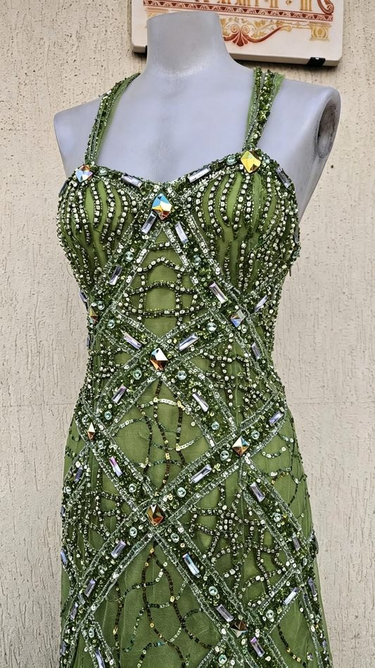 Gorgeous Green Spaghetti Straps Tulle Beaded Mermaid Long Party Dress Prom Dress D4314