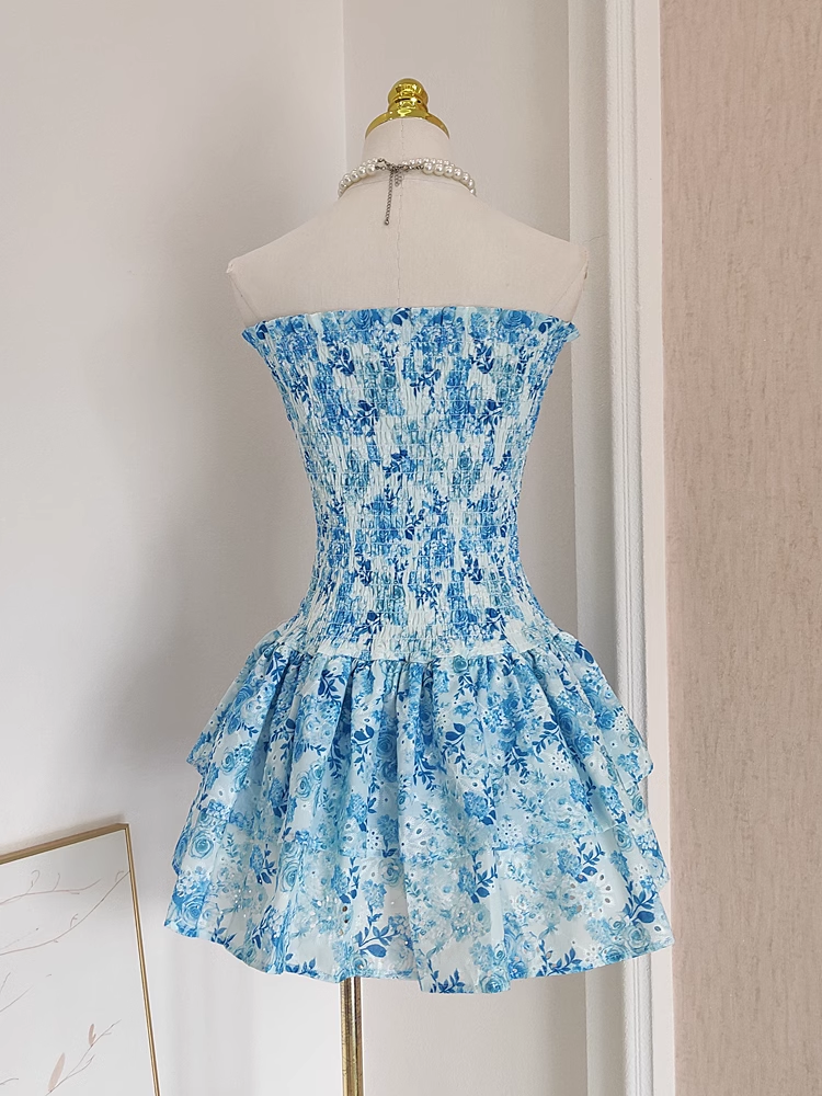 Cute A line Strapless Sleeveless Blue Floral Party Dress Short Birthday Outfits SD380