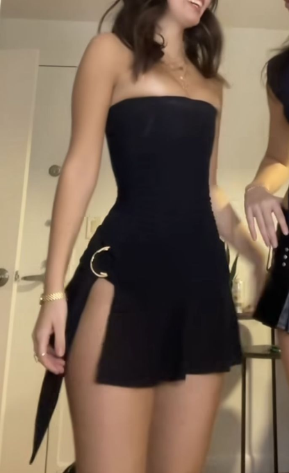 Black Sexy Strapless Sheath Slit Cocktail Dress Short Party Dress Homecoming Dress D372